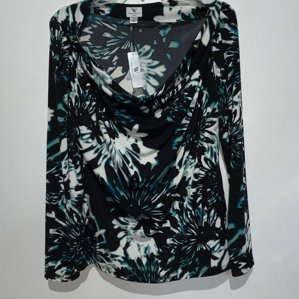 Worthington Women's Black Teal Floral Cowl Neck Long Sleeve Blouse Large NWT